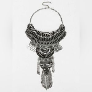 NEW BLACK SILVER LEATHER CHAIN STATEMENT NECKLACE BOHO WILD CHILD TRIBAL ZARA